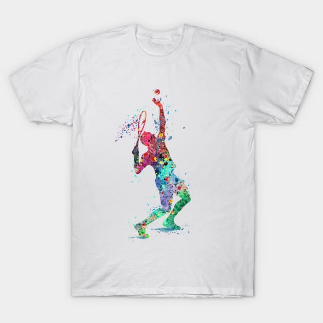 Tennis Boy Player Colorful Watercolor Tennis Serve Sports Gifts T-Shirt by LotusGifts